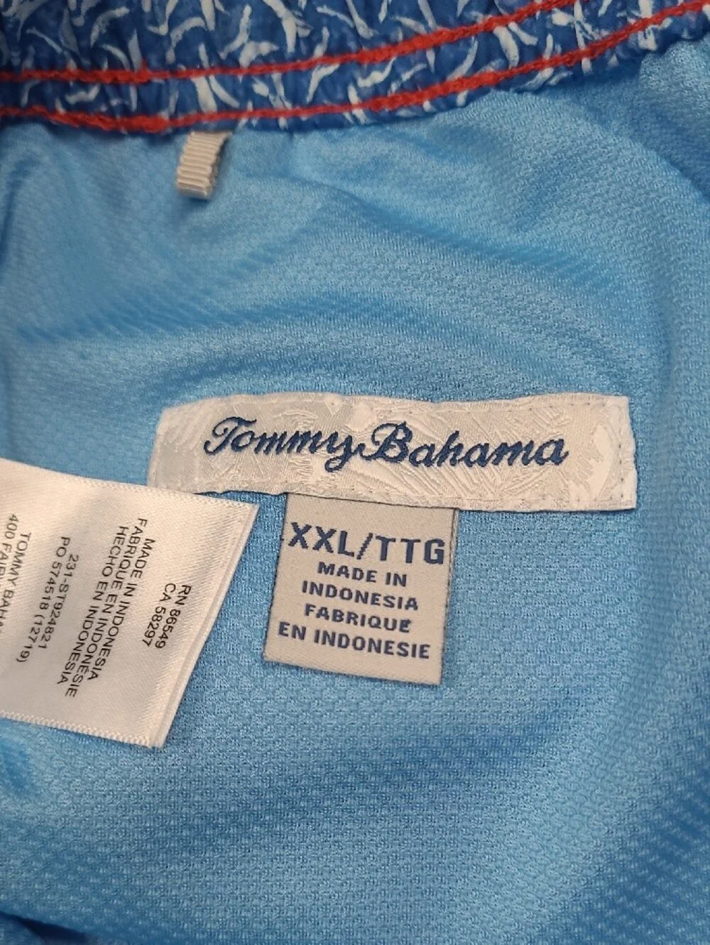 Tommy Bahama Red Swim Trunks with Blue and White Tropical Leaves